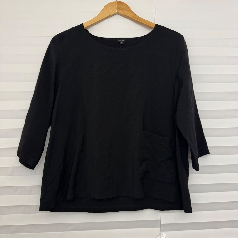 Shana Womens Black‎ 3/4 Sleeve Pocket Blouse Rayon Blend Textured Top Size M